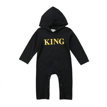 Load image into Gallery viewer, 2018 Newborn Baby Boy Clothes King letter Print Romper Infant Baby Boy Jumpsuit Black Hooded Outfit Cotton baby boy Clothing